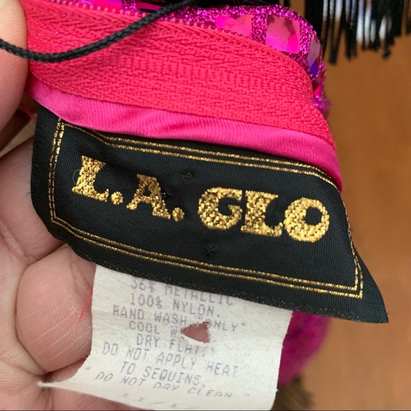 Vintage 1920s Flapper Fuchsia Sequin Black Fringe Spaghetti Strap Dress - Picture 9 of 11